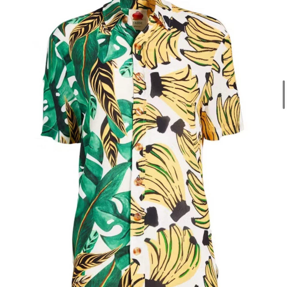 FARM Rio Green and Yellow Button Down Shirt with Tropical Print